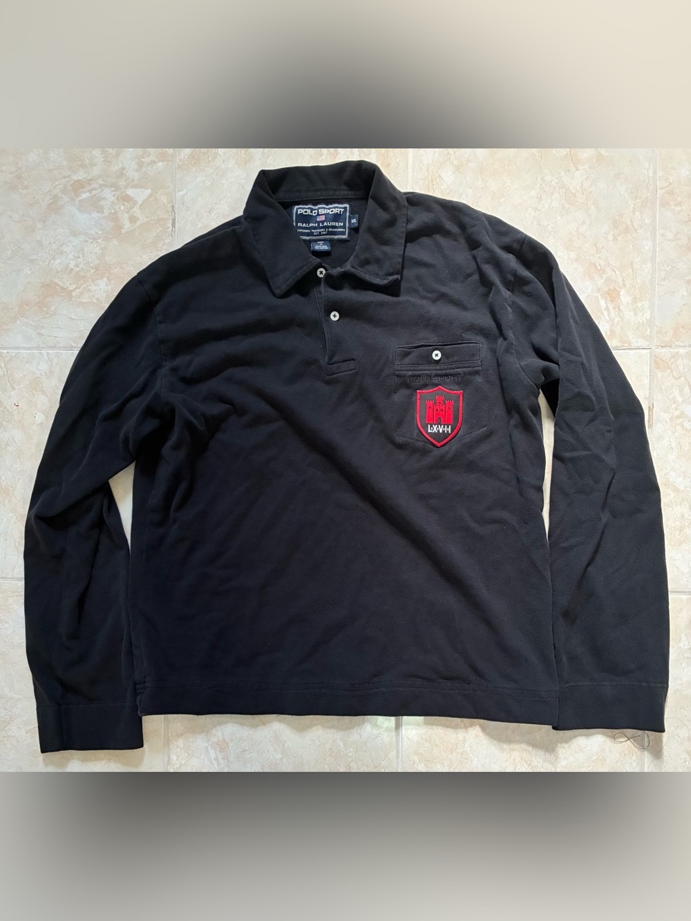 Vintage Polo Sport by Ralph Lauren Black Long-Sleeve Suede Polo with Red Crest
